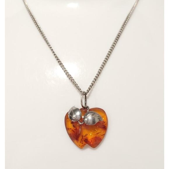 NATURAL BALTIC AMBER STERLING SILVER 950 Apple PENDANT CHAIN NECKLACE VINTAGE - Picture 2 of 15